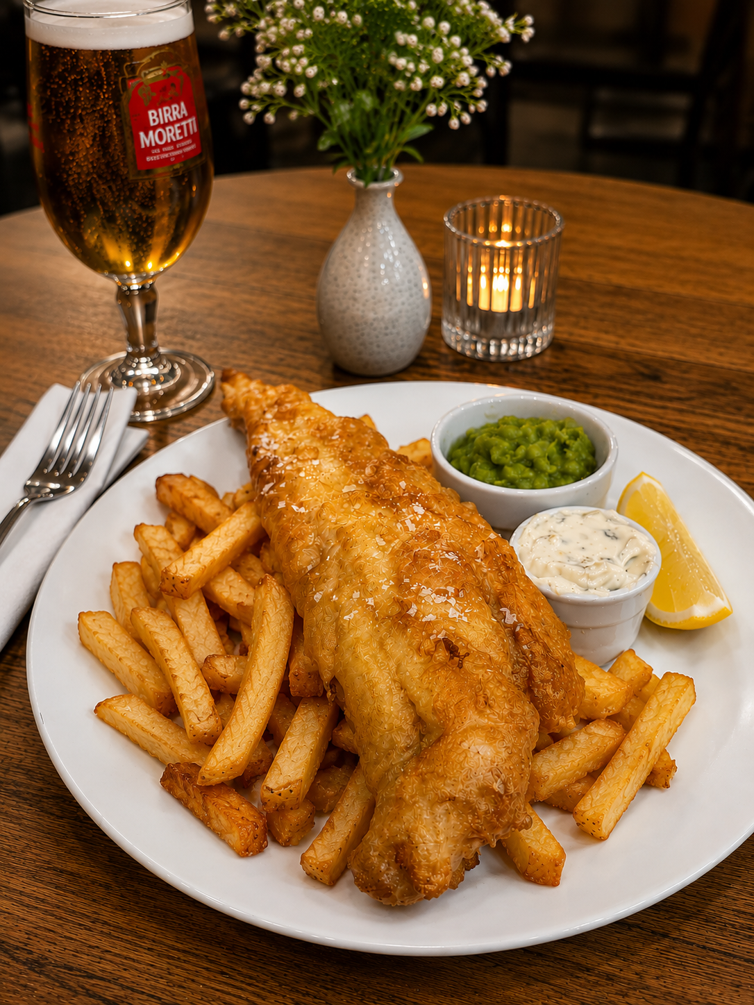 Plate of fish and chips with tartar sauce, mushy peas, and lemon wedge, accompanied by a glass of beer, a candle, and a vase with flowers on a wooden table.