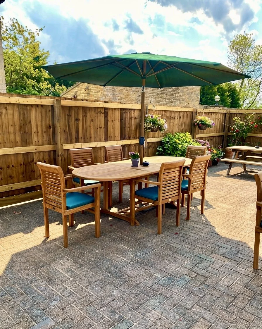 Outdoor patio with a wooden table, six wooden chairs with blue cushions, a large green patio umbrella, potted plants, and hanging flower baskets on a brick-paved ground, enclosed by a wooden fence.