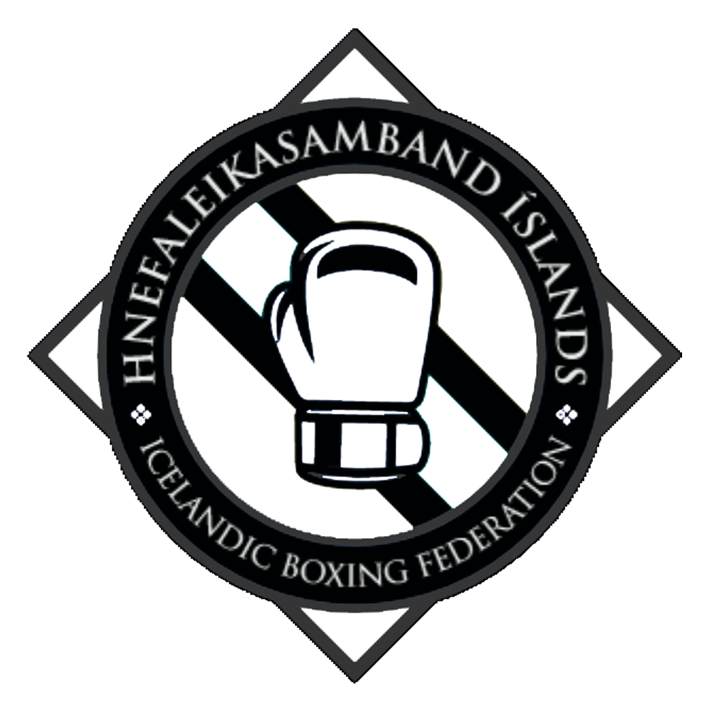 Logo of the Icelandic Boxing Federation featuring a boxing glove with a black diagonal stripe in the background and the text "Hefaleikasamband Islands - Icelandic Boxing Federation" around the circle.