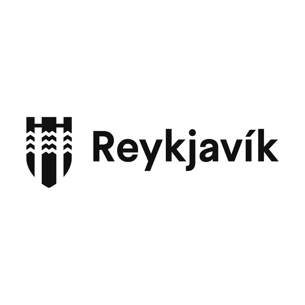 Black and white logo of Reykjavik with emblem of three stylized towers to the left of the text