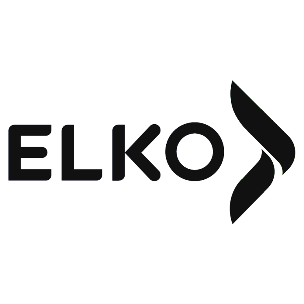 Black and white logo with the word 'ELKO' and a stylized abstract design element to the right of the text.