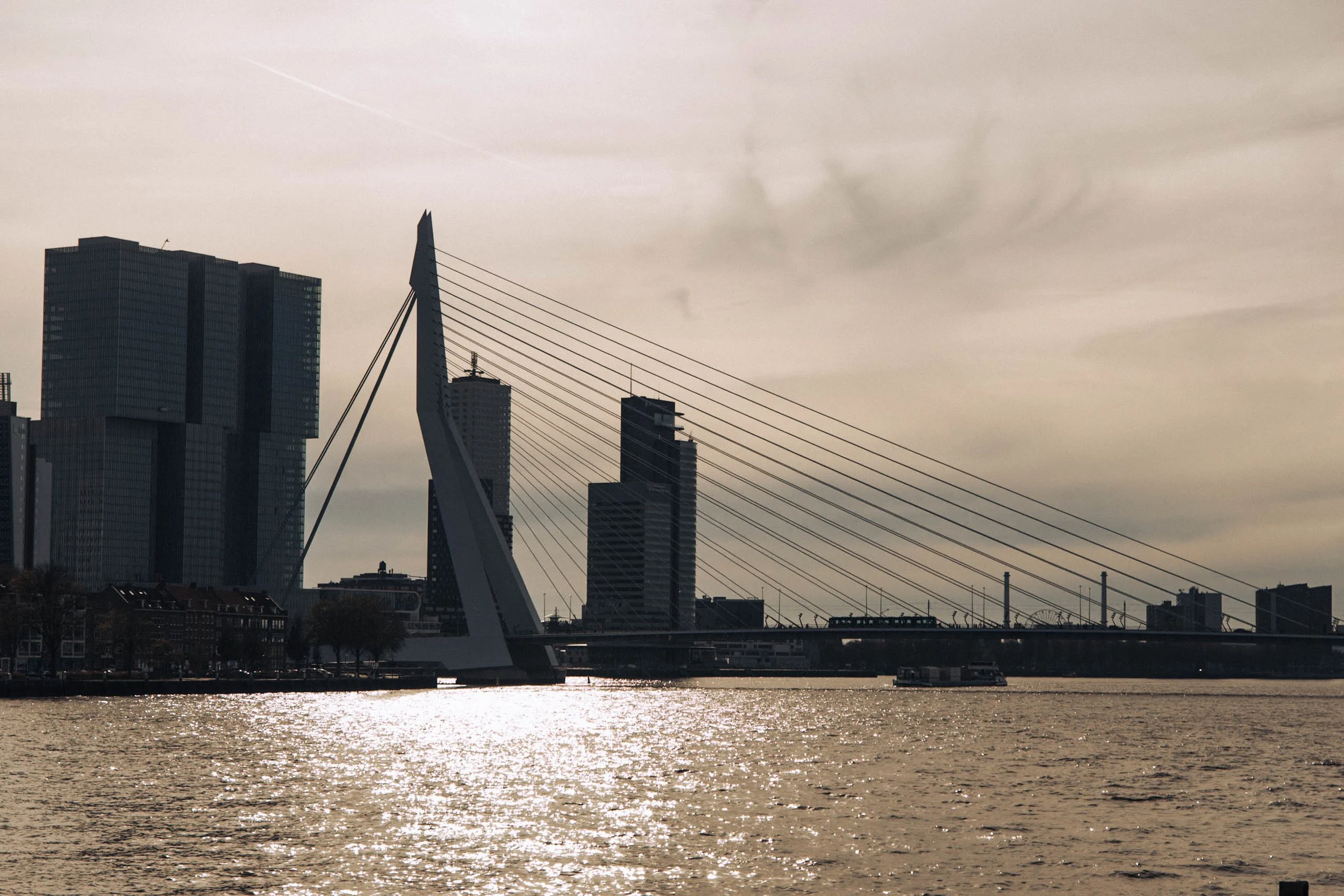 Sunset over a river with a modern cable-stayed bridge and city skyline in the background.