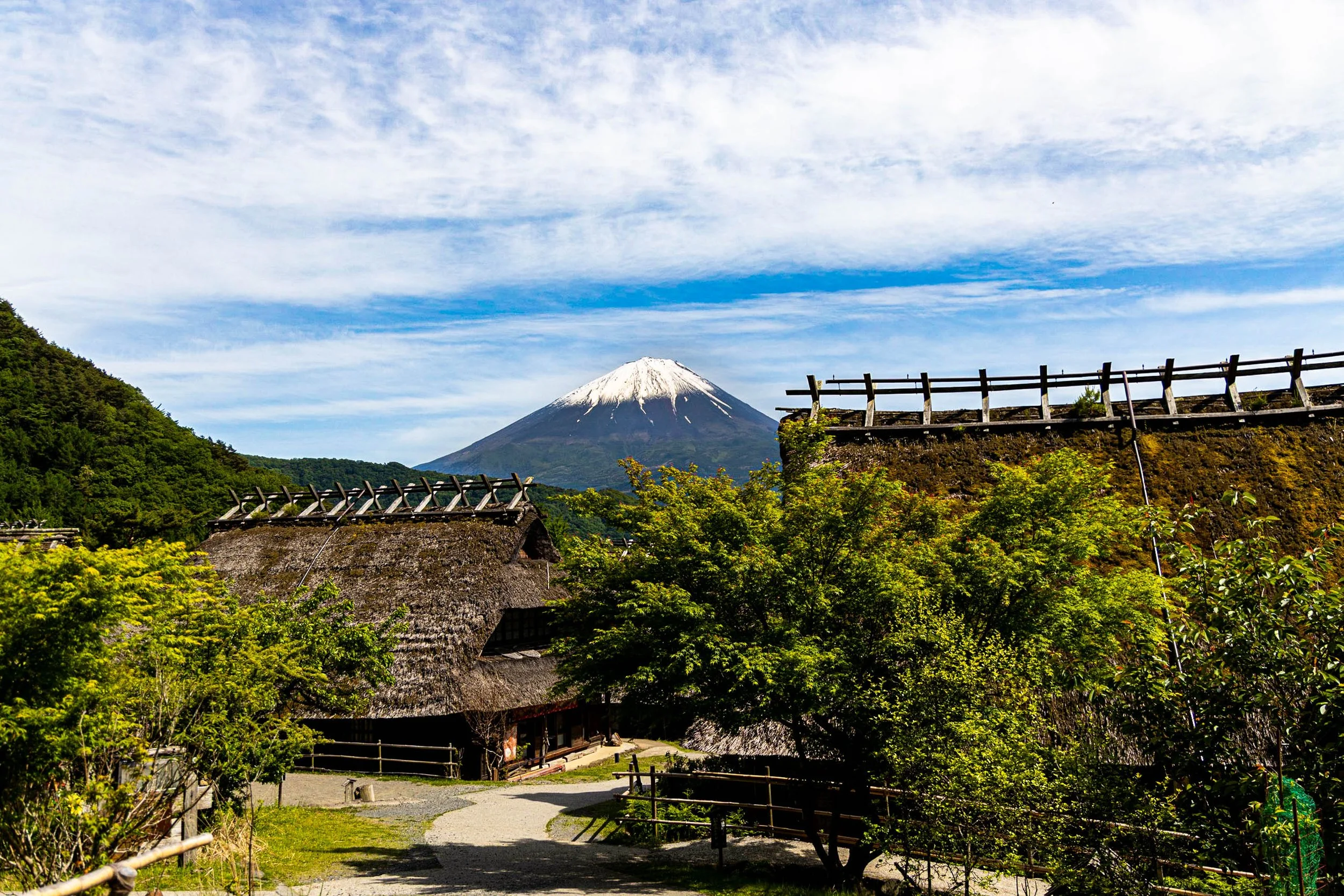 Mount Fuji with snow on top, surrounded by trees and traditional Japanese thatched-roof buildings in a lush landscape under a partly cloudy sky.