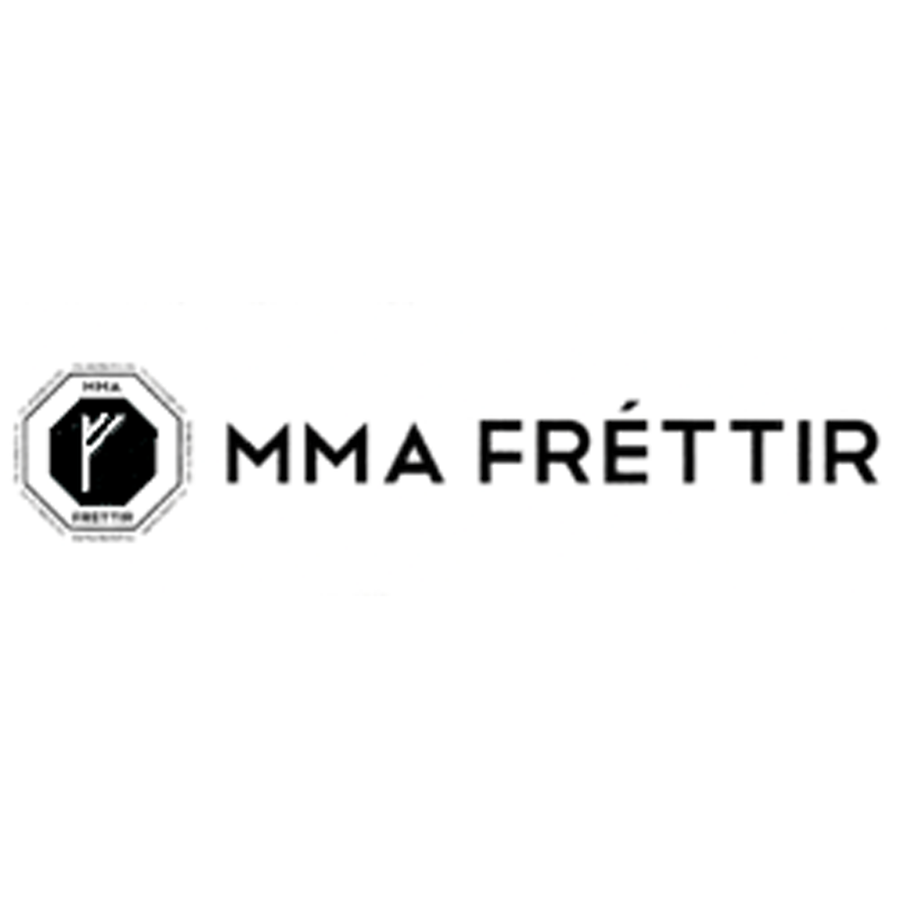 Black and white MMA Frettir logo with hexagonal emblem containing a fist and the words 'MMA Frettir' next to it.