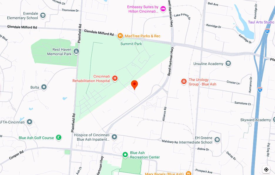 Map showing Cincinnati Rehabilitation Hospital, Blue Ash Golf Course, Blue Ash Recreation Center, and surrounding streets and landmarks in Cincinnati.
