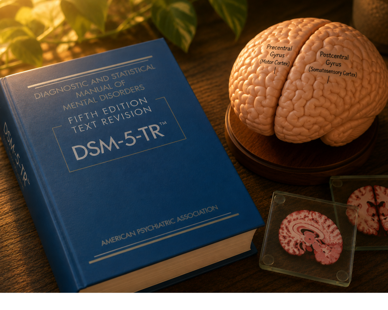 DSM-5-TR beside a model brain representing understanding trauma and mental health
