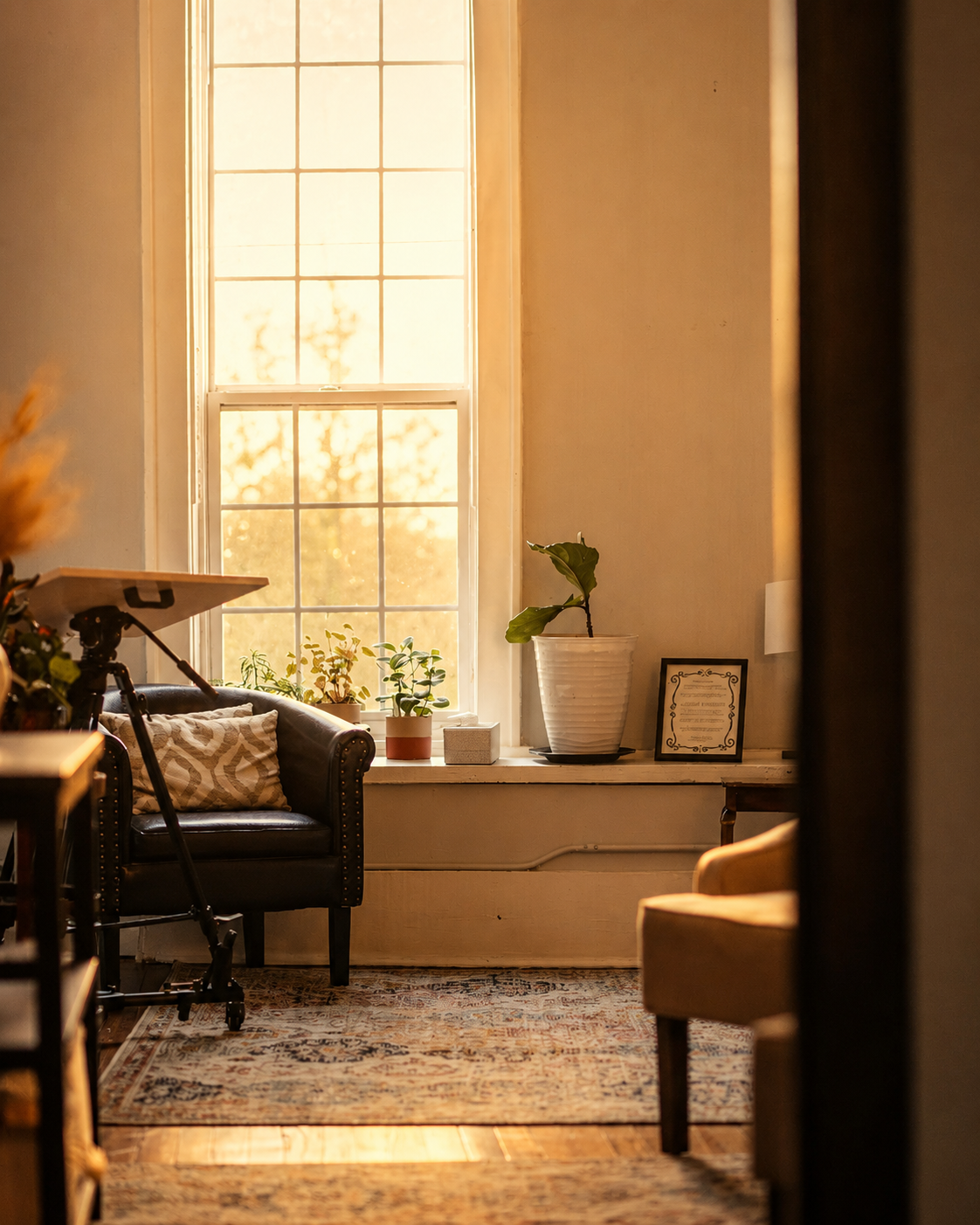 Warm, comfortable therapy space representing a safe environment for trauma therapy