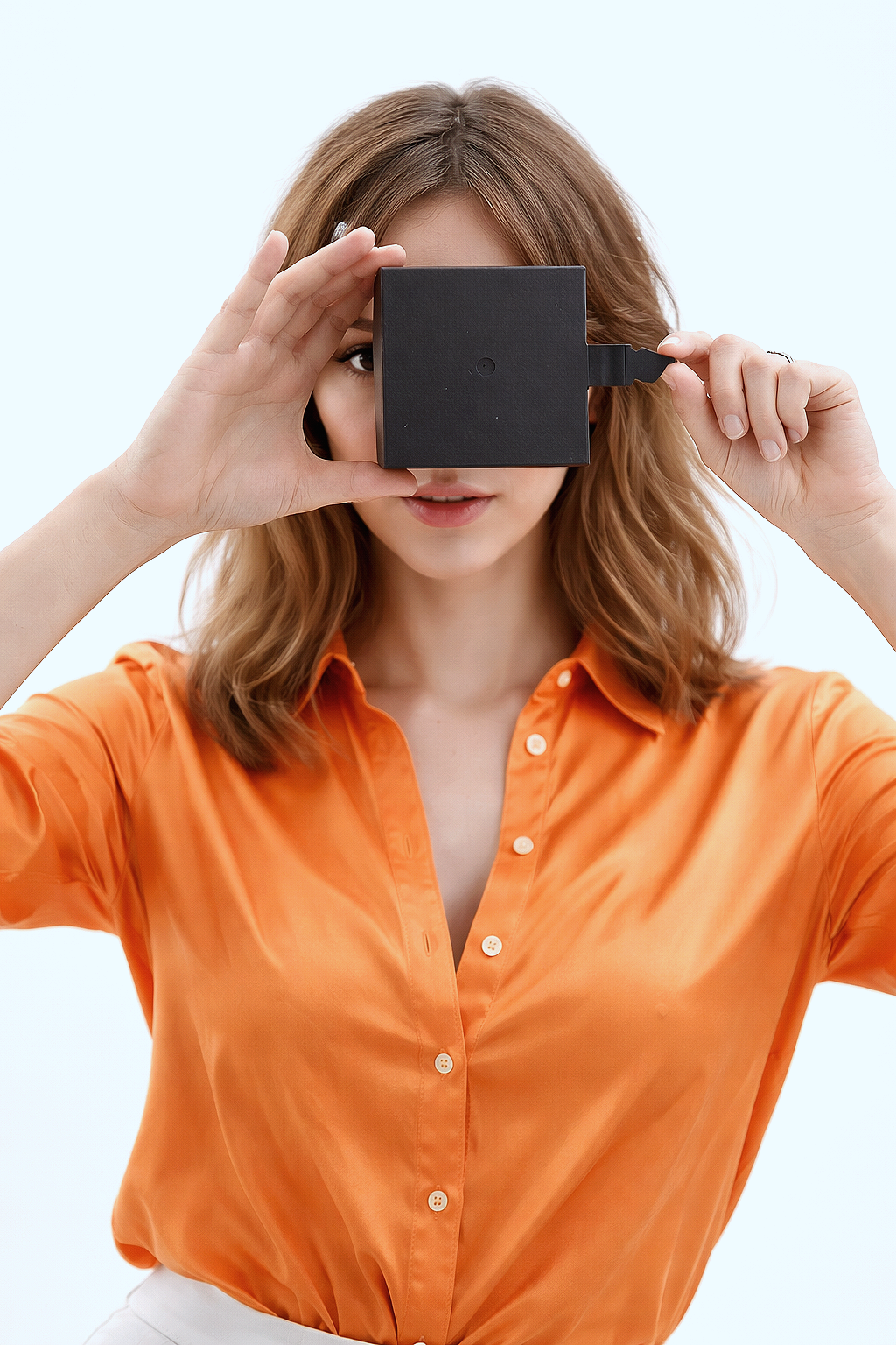 Femme avec cheveux ondulés et chemise orange tenant un appareil compact noir devant un œil, fond blanc.