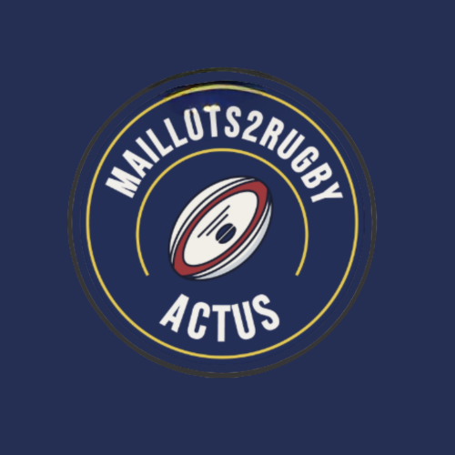 Logo avec texte Maillots2Rugby Actus et une image de ballon de rugby