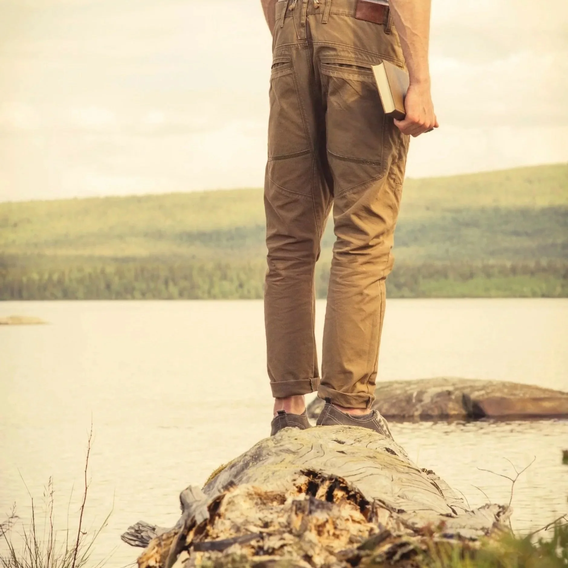 Person standing on a log near a body of water, holding a book in one hand, with a landscape of water and hills in the background.
