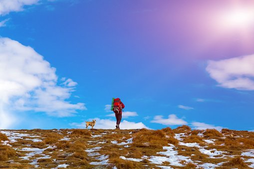 Hiker with a backpack walking with a dog on a snowy mountain trail under a blue sky with clouds.