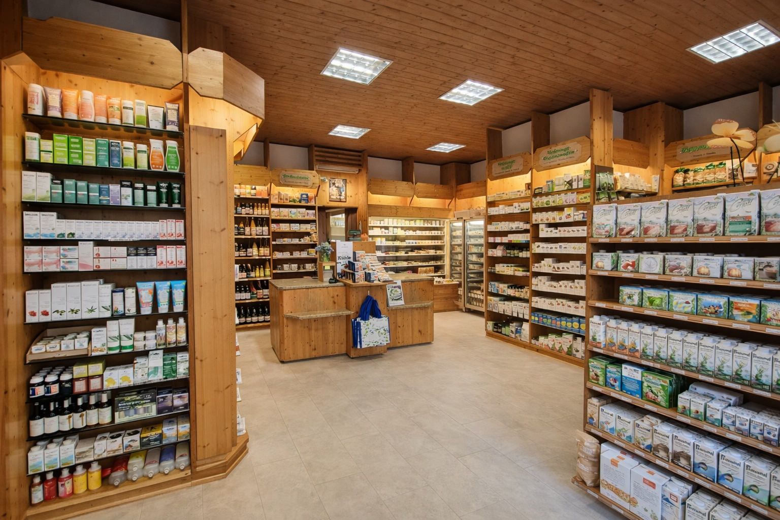 Innenansicht eines Naturkostladens mit Holzregalen, die mit Bio-Produkten, Lebensmitteln und Nahrungsergänzungsmitteln gefüllt sind.