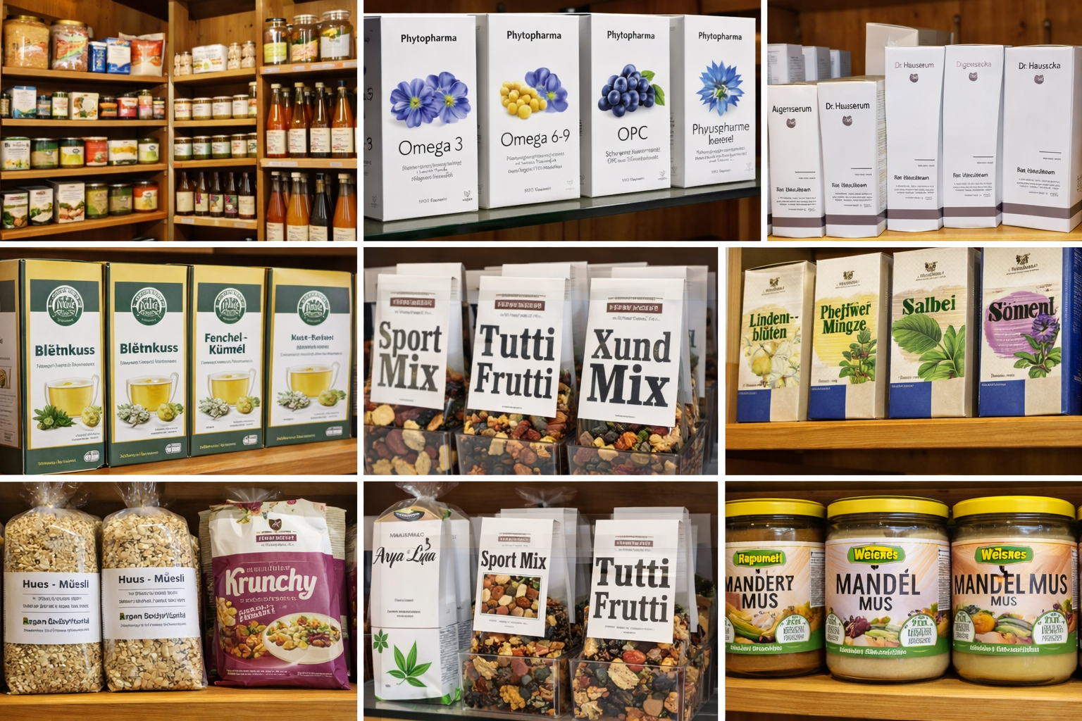 Verschiedene Naturprodukte in einem Lagerregal, darunter Nahrungsergänzungsmittel, Tees, Trockenfrüchte, Müsli, Kokosnussmus und Mandeln.