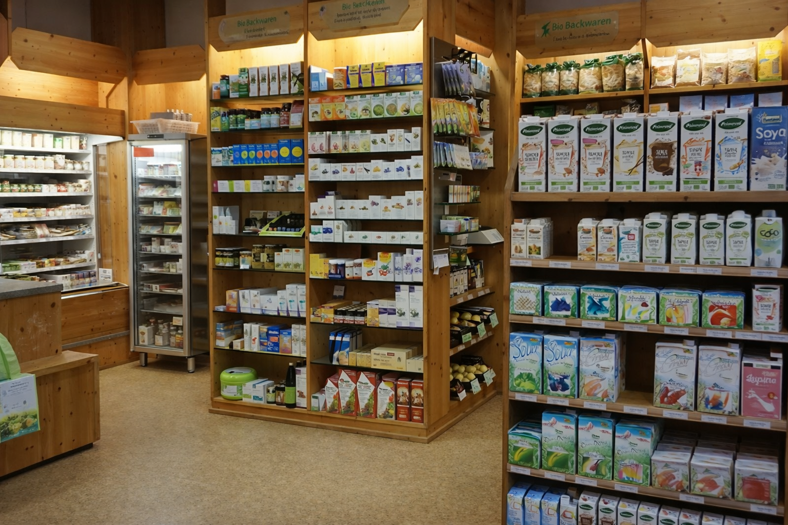 Regale mit Bio-Backwaren, Süßigkeiten und anderen Produkten in einem Laden mit Holzregalen.