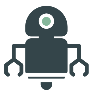 Simplified illustration of a robot with a circular eye, rectangular body, and claw-like hands.