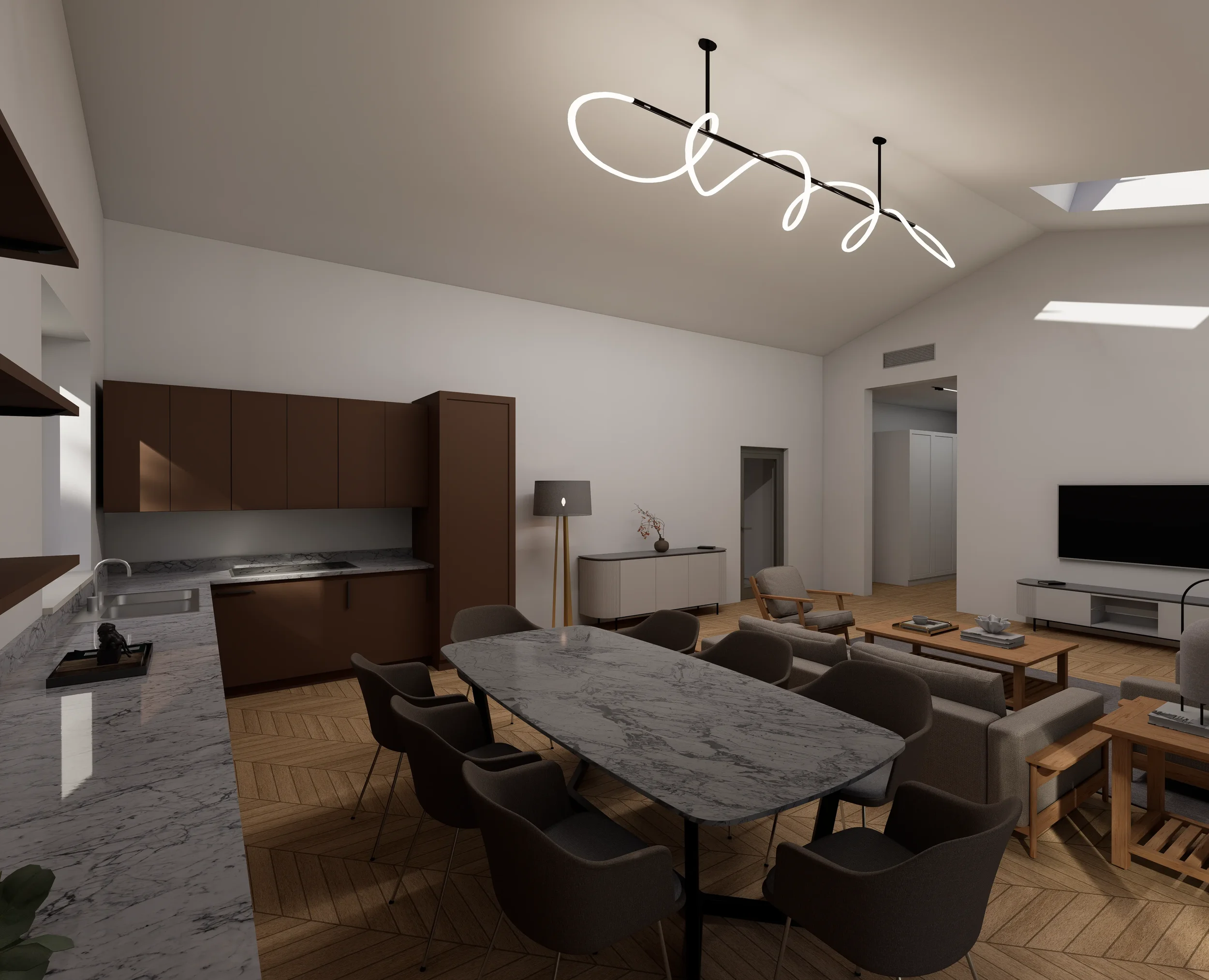 Perspectiva interioara a Vilei Volta, evidentiind volumul interior generos, mobila de bucatarie si zona de dining in relatie cu livingul
