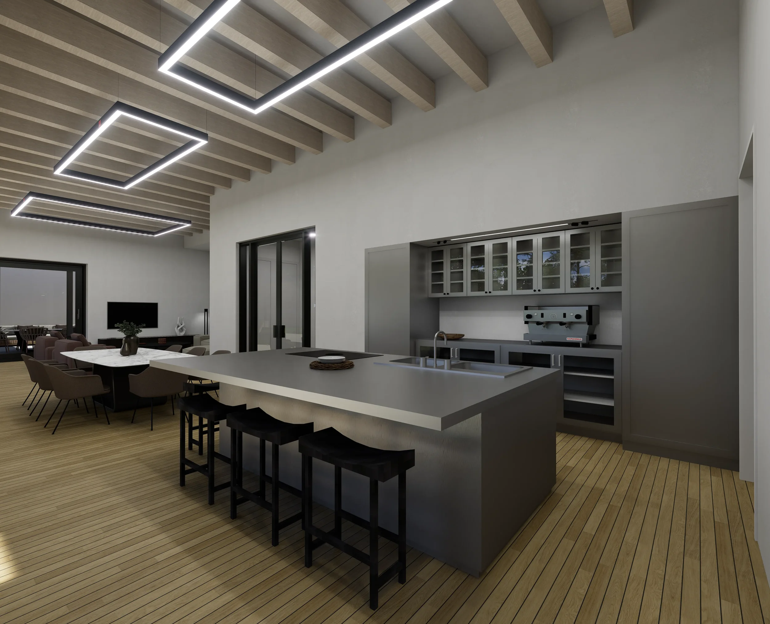 Perspectiva interioara din bucataria open-space a Vilei Lumen, cu diningul si livingul in fundal.