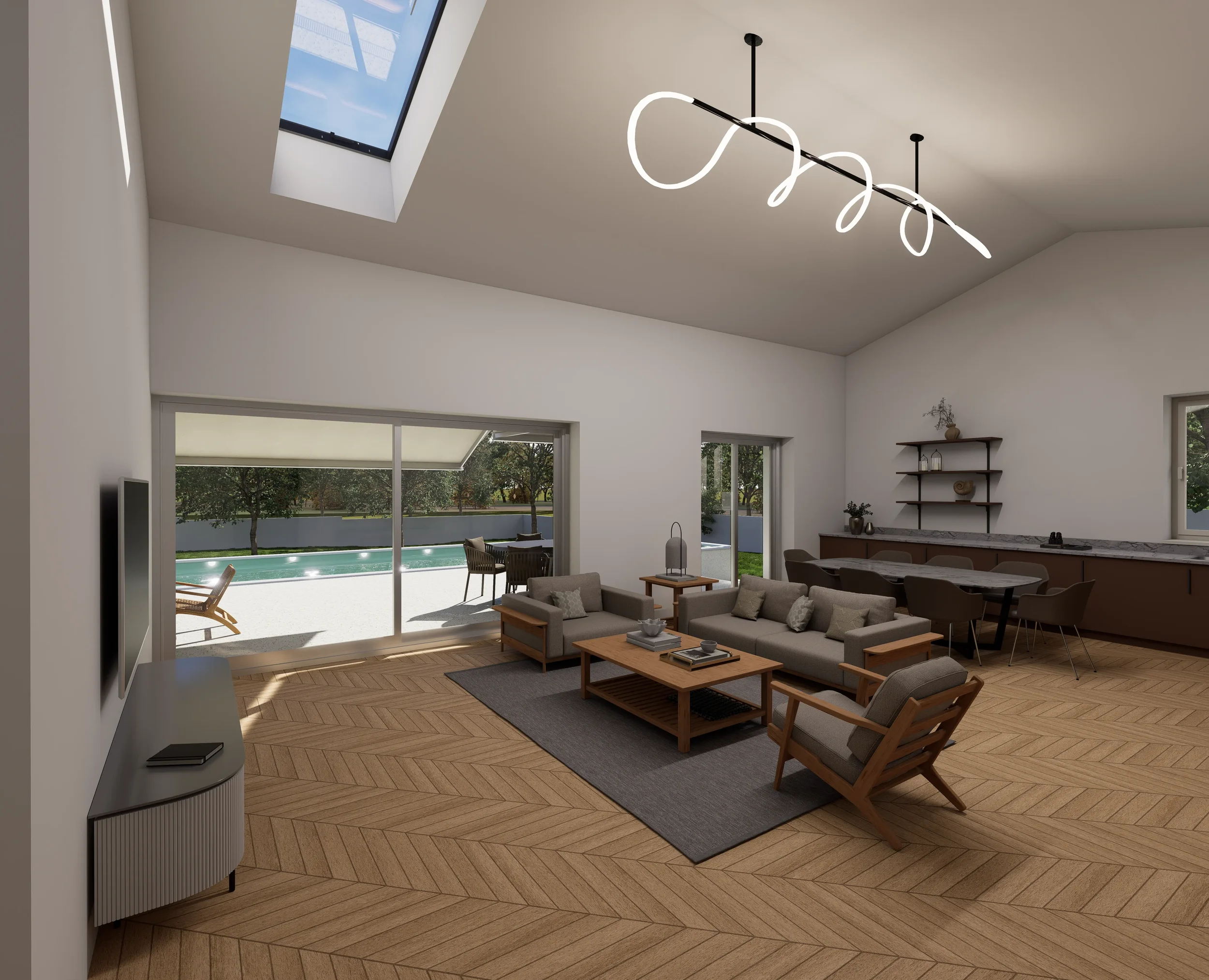 Vedere interioara in Vila Volta: zona de living cu bucatarie si dining open-space. Ferestrele de mari dimensiuni leaga interiorul cu terasa
