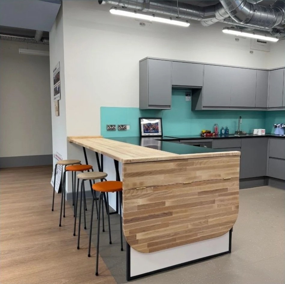 Breakfast with drop down accessible work surface