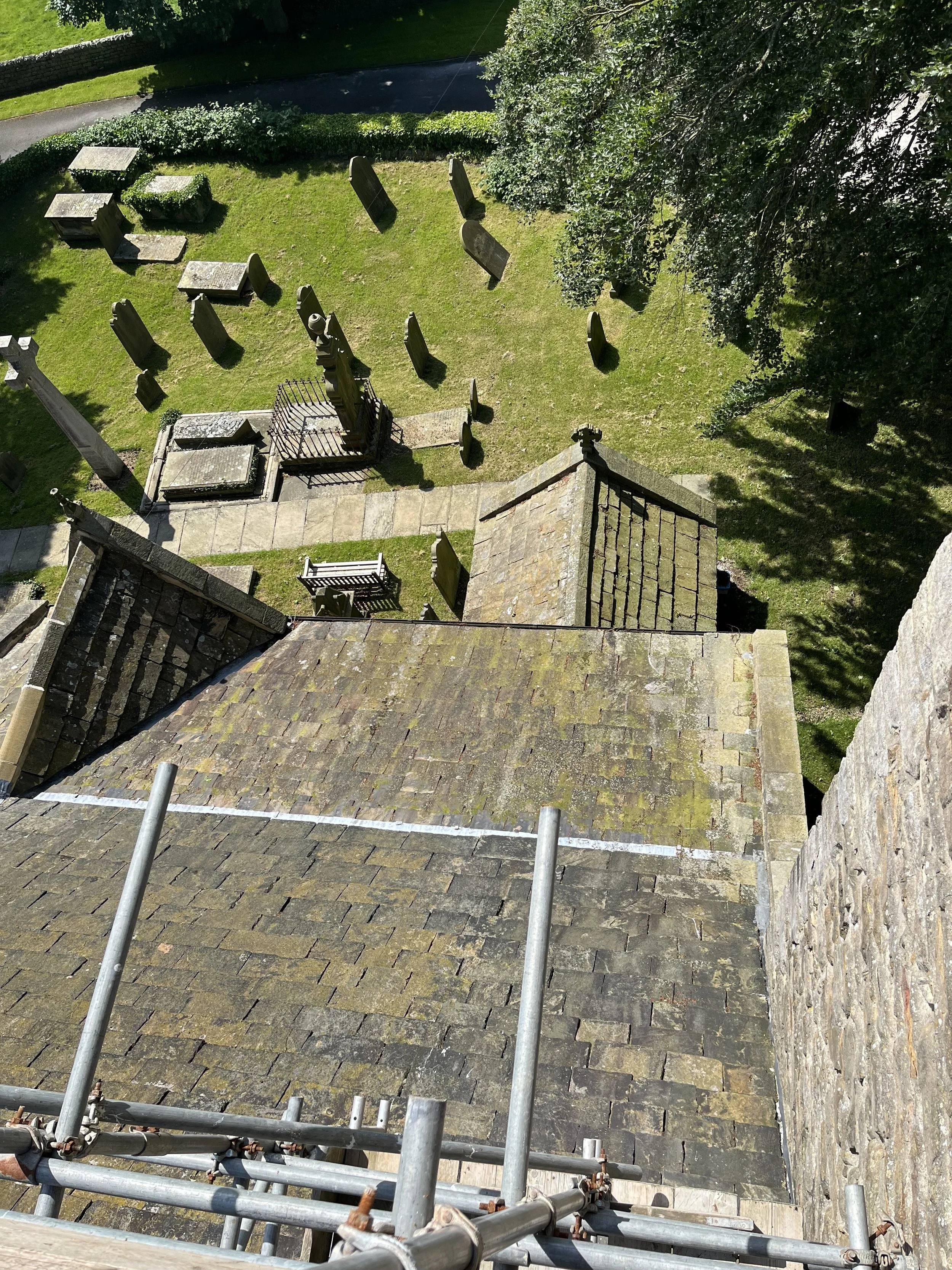 View from the top of the scaffolding of the south roof and porch