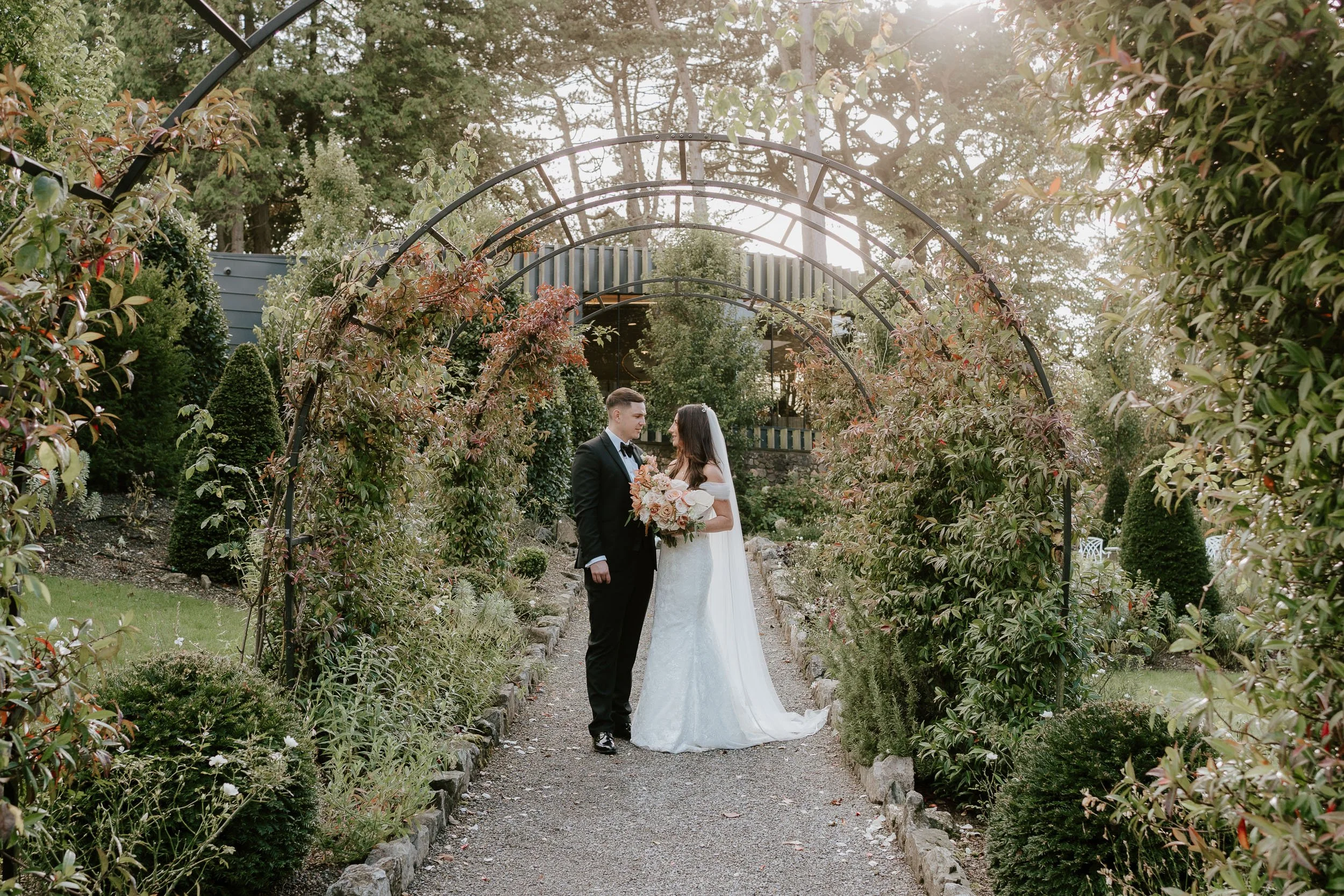 Bride and groom at Fairyhill romantic wedding portrait UK