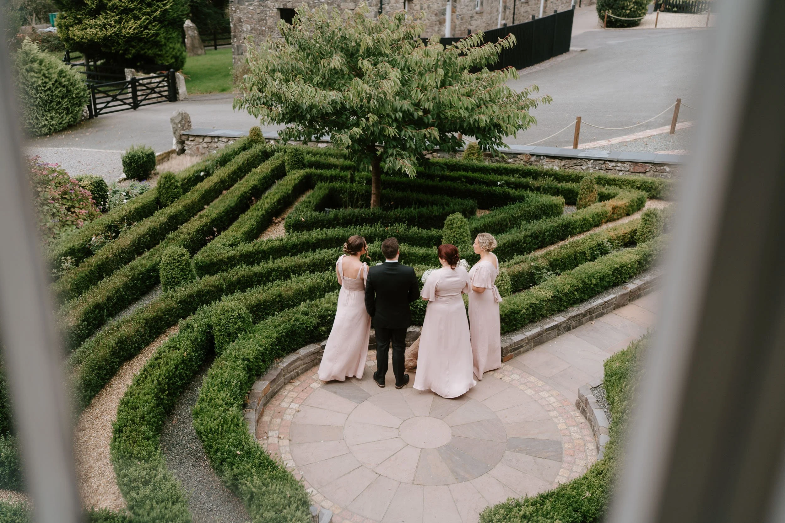 Bridal party garden maze aerial wedding photo UK
