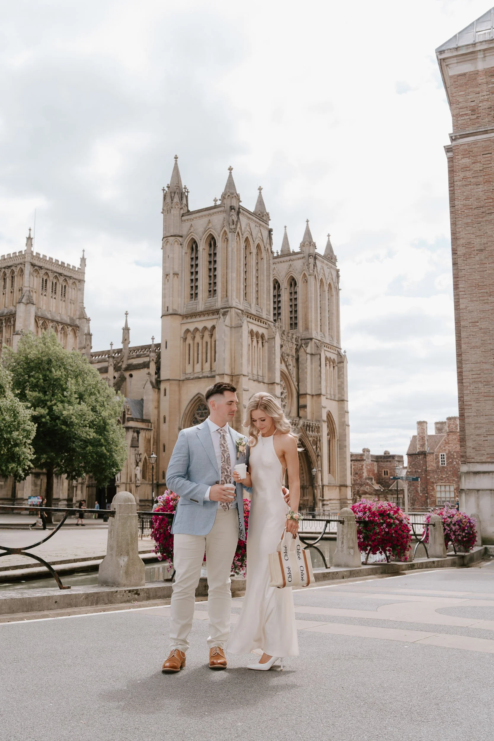 Couple portrait outside cathedral wedding venue UK