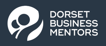 Logo of Dorset Business Mentors with a stylised person and leaf design in white on a navy background