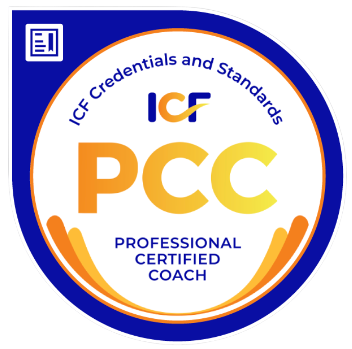Badge with a blue border and white background, featuring the ICCF Credentials and Standards logo, the letters 'PCC' in large orange and yellow font, and the phrase 'Professional Certified Coach'.