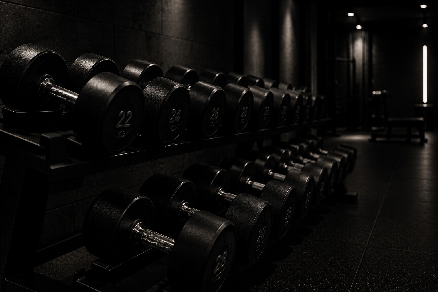 Row of black dumbbells with weights labeled from 22 kg to 28 kg in a dark gym with minimal lighting.