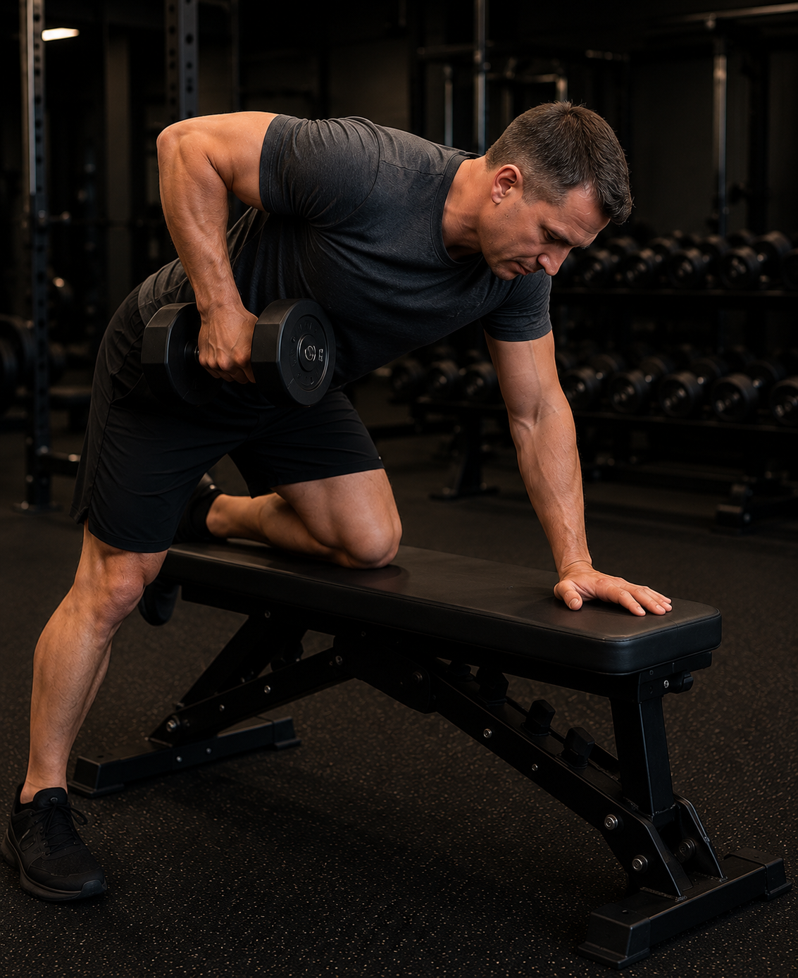Man doing a bent-over dumbbell row exercise in a gym with weight racks in the background.