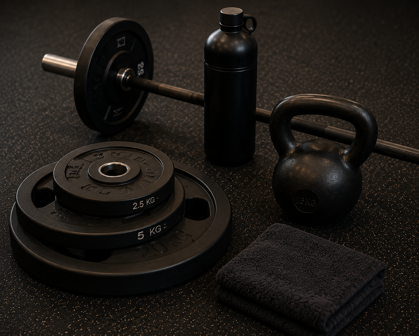 Gym equipment including a barbell with weight plates, a black water bottle, a black kettlebell, and a folded black towel on a speckled gym floor.
