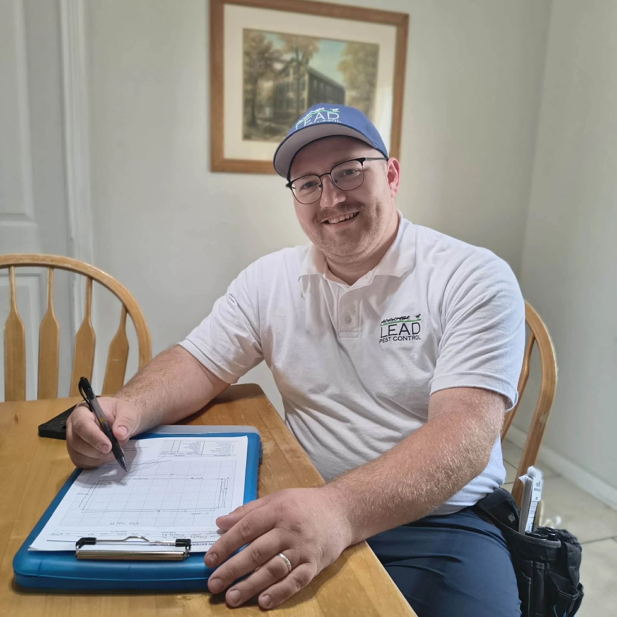 Pest control technician reviewing inspection report with homeowner inside home in Elizabethtown KY