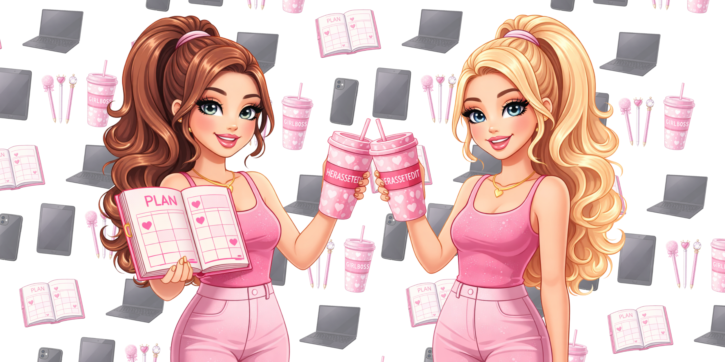 Two cartoon girls with long wavy hair in pink outfits clinking pink cups with straw and hearts, surrounded by laptops, notebooks, and pink cups with straws on a background of repeated items in a pink and black pattern.
