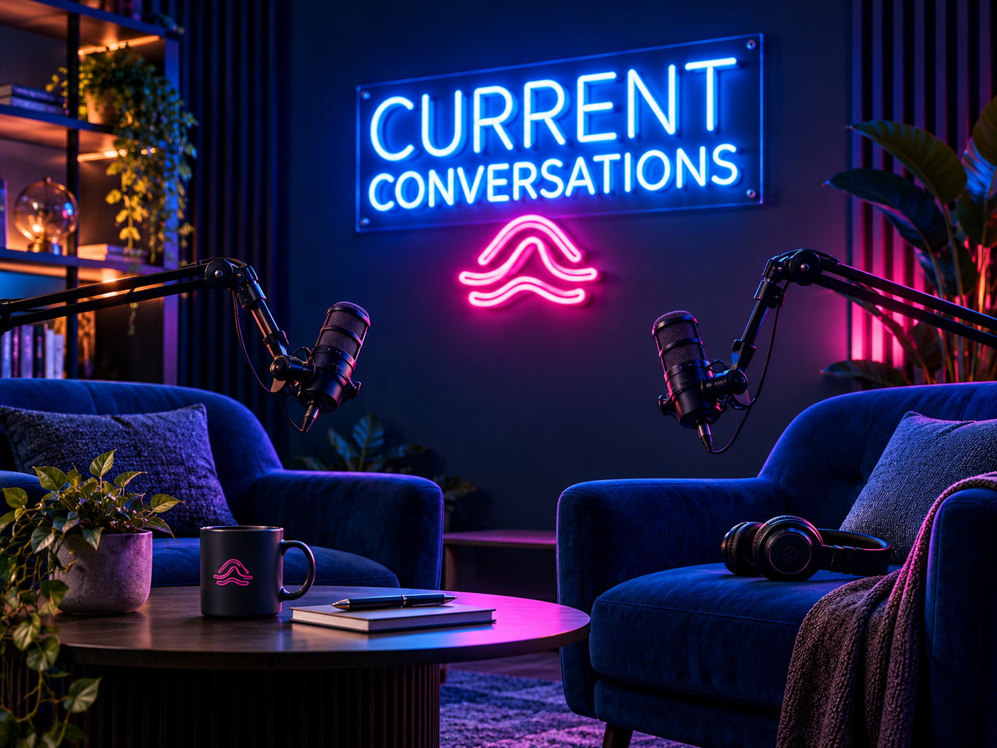 Current Conversations podcast recording studio with two microphones, guest chairs and neon branding, inviting Illawarra business owners to share their local stories.