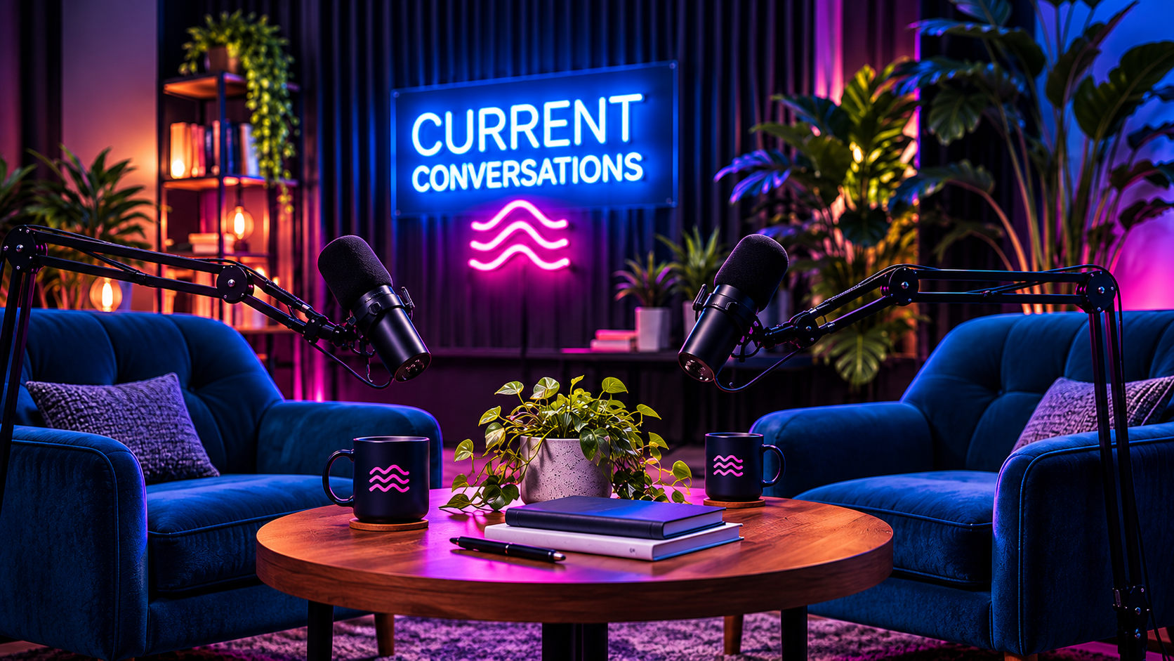 Current Conversations podcast recording studio featuring microphones, blue guest chairs and neon branding, promoting podcast sponsorship opportunities for Illawarra businesses.