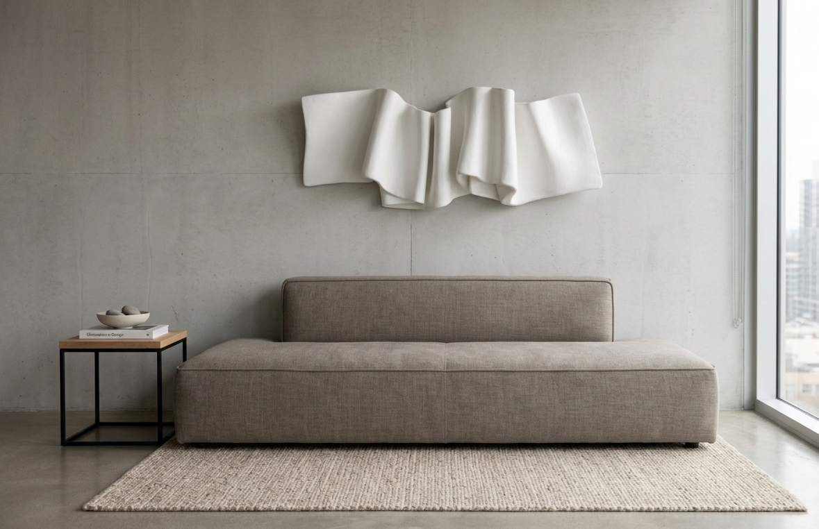 Modern living room with a beige sofa, a small side table with decorative bowls and a book, a textured wall art piece, and a large window showing city buildings.