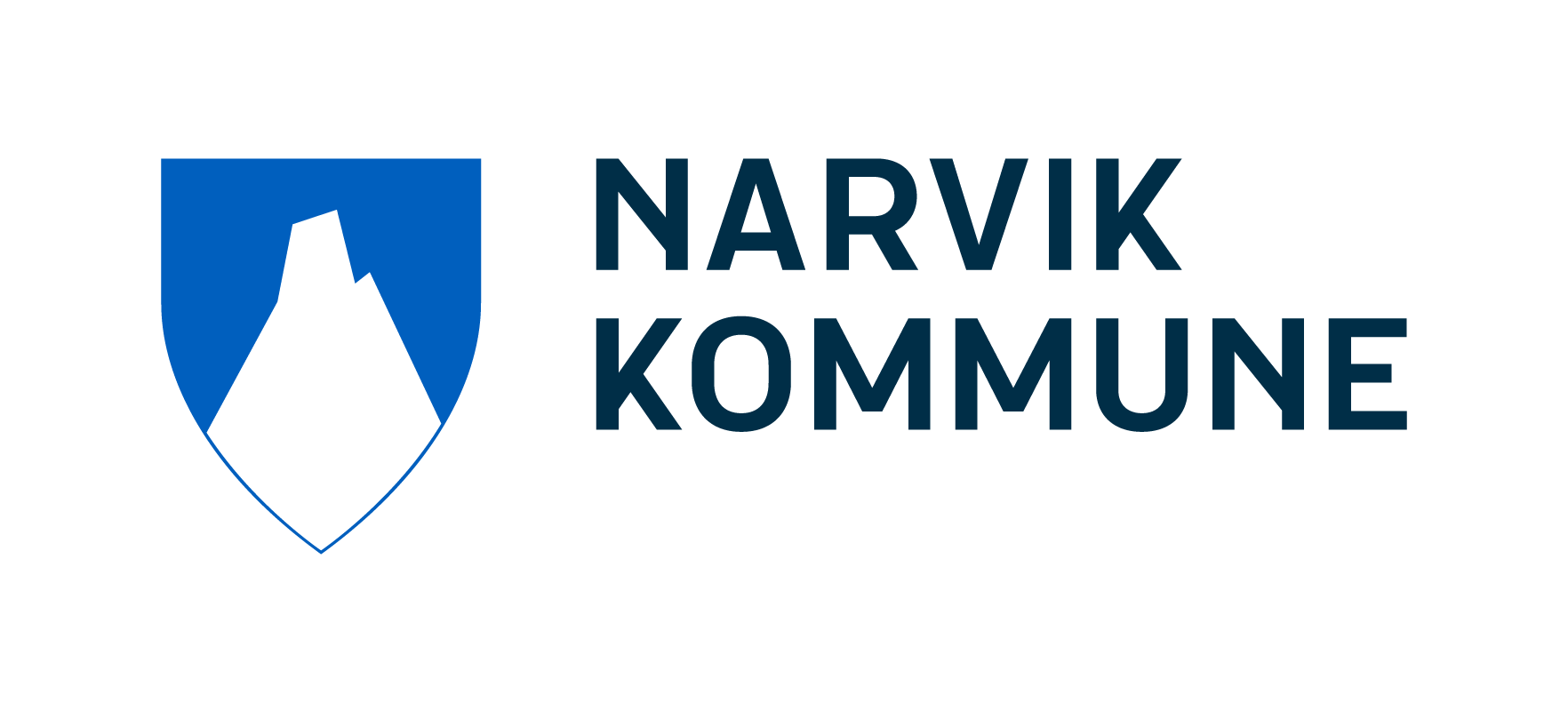 Narvik kommune logo med blå skjold og hvit fjelltopp, tekst 'NARVIK KOMMUNE' ved siden av.