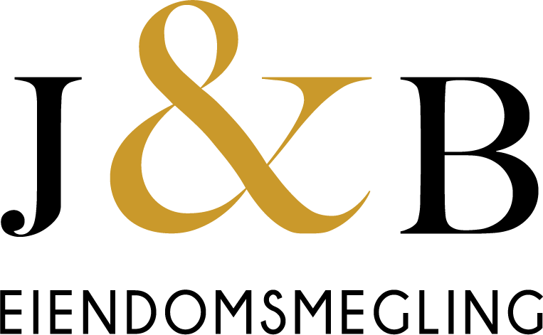 Logo for J&B Eiendomsmegling med store svarte og gullfargede bokstaver.