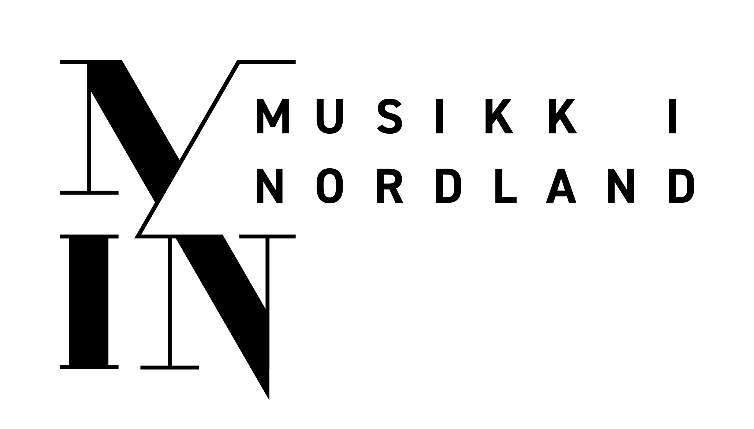 Sort logo med teksten 'Musikk i Nordland' og et stort «M» i bakgrunnen.