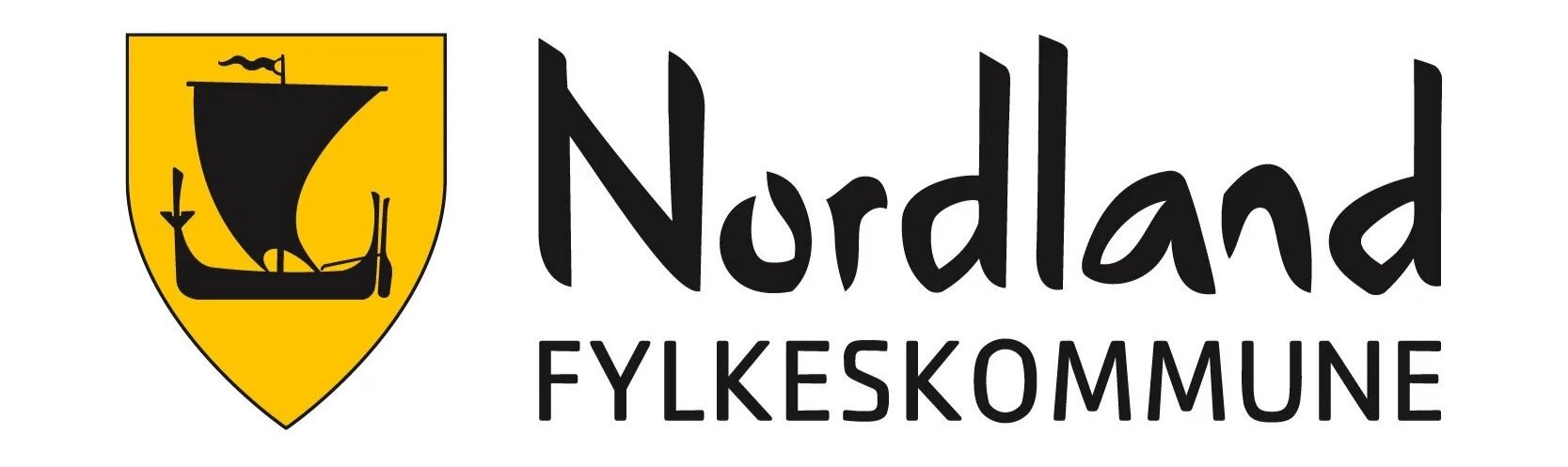 Grafisk logo for Nordland fylkeskommune med en svart vikingskib på gul bakgrunn og teksten "Nordland Fylkeskommune".