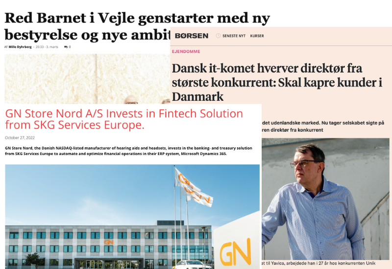 En samling nyhedsartikler med overskrifter og billeder, herunder en artikel om Red Barnet i Vejle, en artikel om en it-virksomhed og en artikel med et billede af en mand i solbriller.