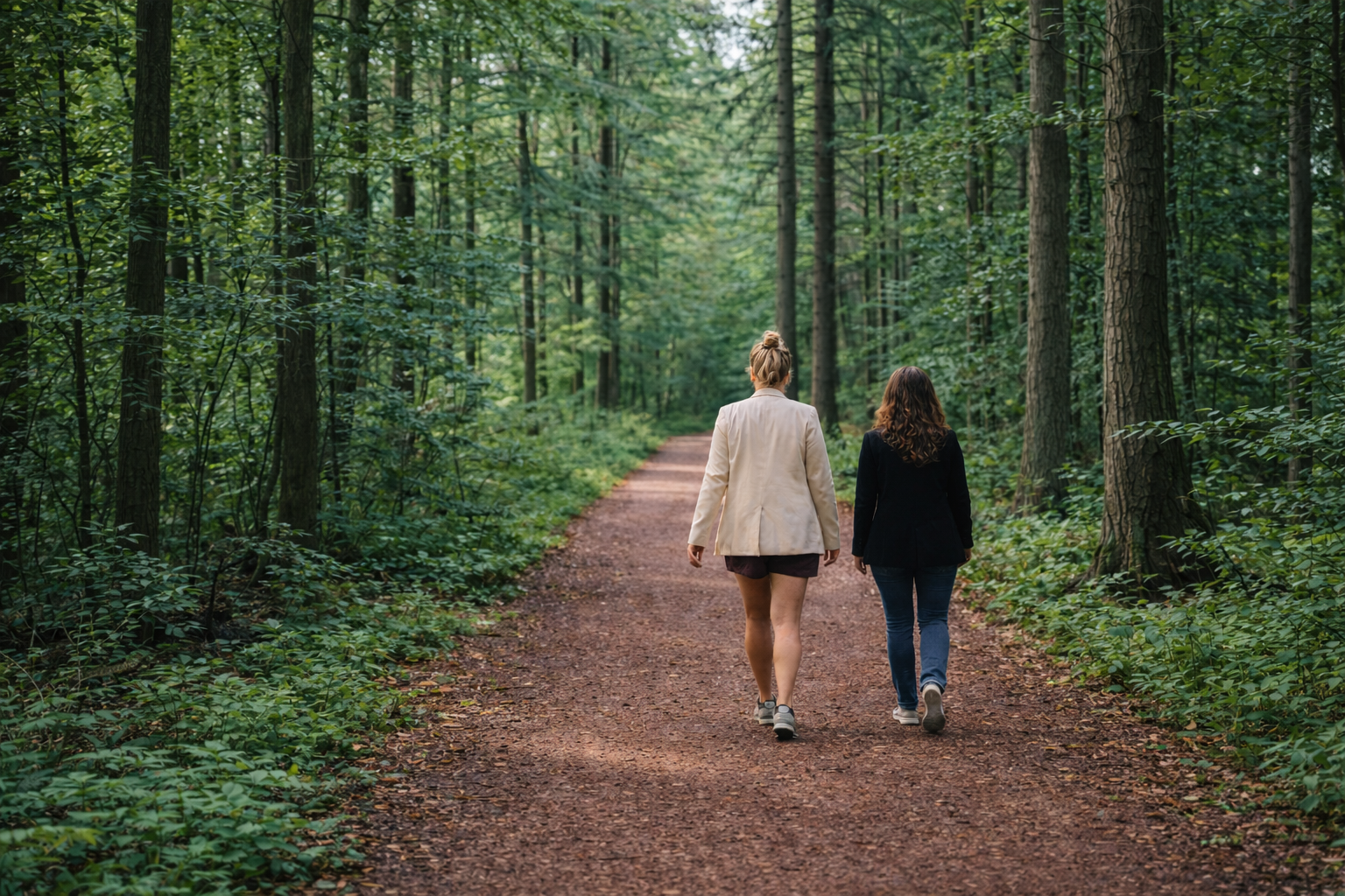 To kvinder går en tur i en skov, set bagfra. En er klædt i en lys jakke og korte bukser, den anden i en mørk jakke og jeans.