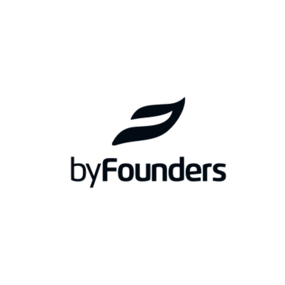 En logo med et blad over teksten 'byFounders'.