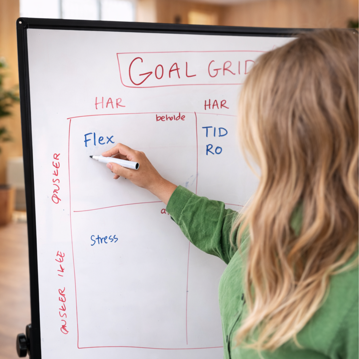 Person skriver 'Flex' på en hvidt opslagstavle med en sort marker. Der er tekst på tavlen, der siger 'Goal Grid' med kolonner og rækker for 'Har' og 'Kan beholde' samt 'Oplever' og 'Ikke oplever'.