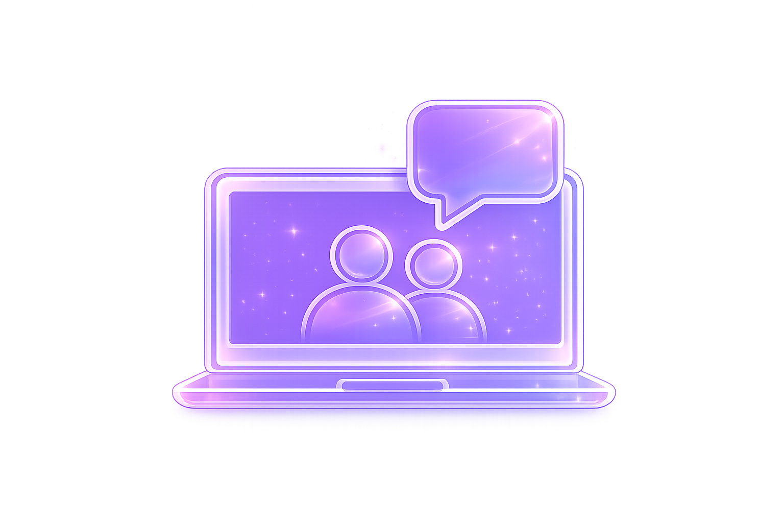 En digital illustration af en computer med to personikoner og en chatboble, alt i lilla neon stil.