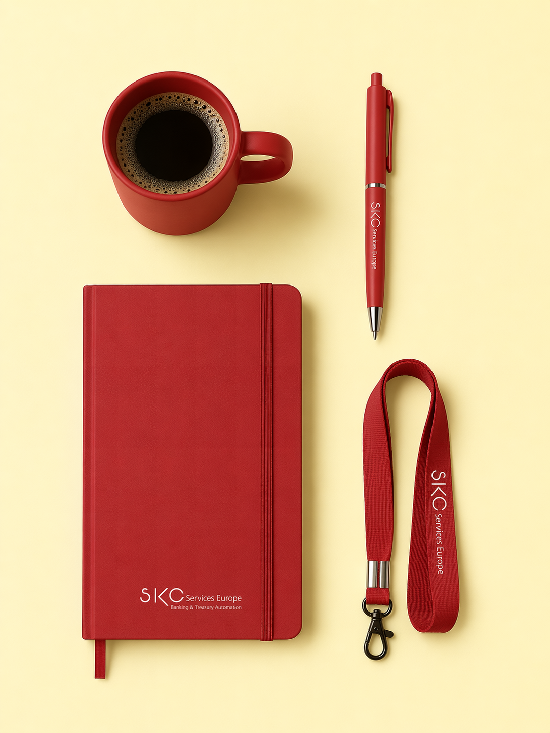 Rød notesbog, kop kaffe, rød pen og rød nøglering med logo på en gul baggrund.