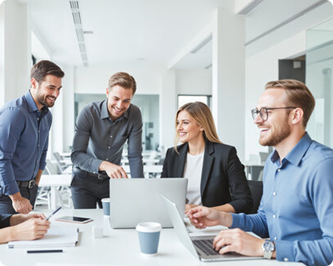Four colleagues in business attire gathered around a table in an office, smiling and collaborating with laptops and papers.