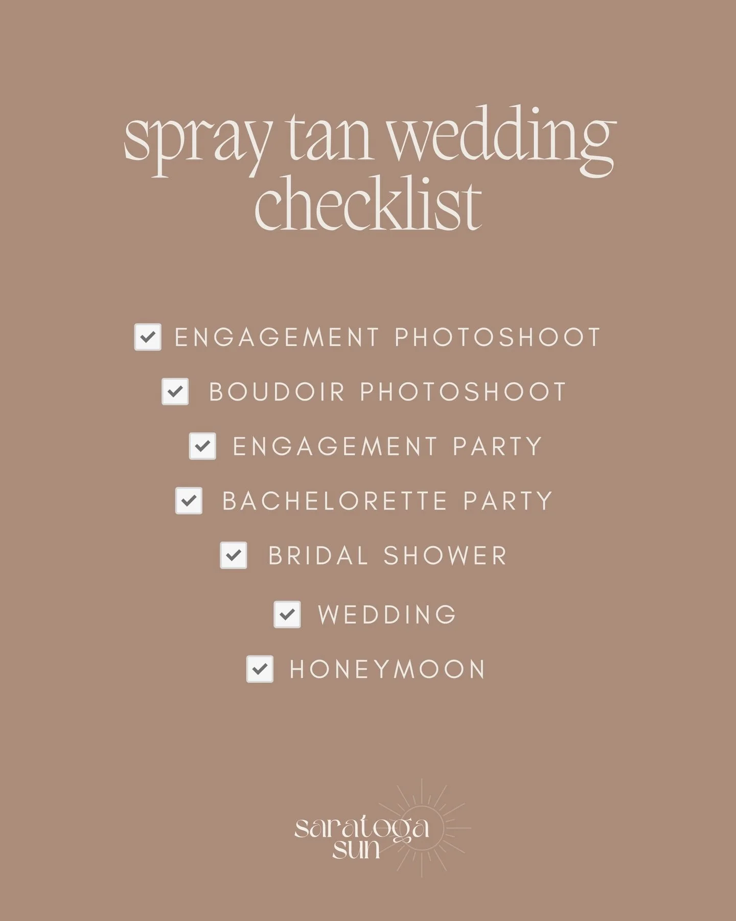 Your reminder to glow for more than just the wedding 🤎 

Engagement pics, Bach, showers, honeymoon&hellip; every moment deserves a good tan (and good photos)

Save this so you don&rsquo;t forget 👀
Which one are you booking first?