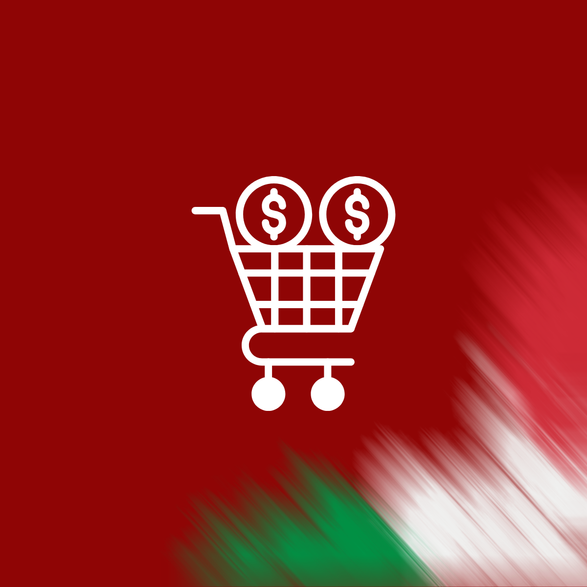 Icona di un carrello della spesa con due monete con simbolo del dollaro sopra.